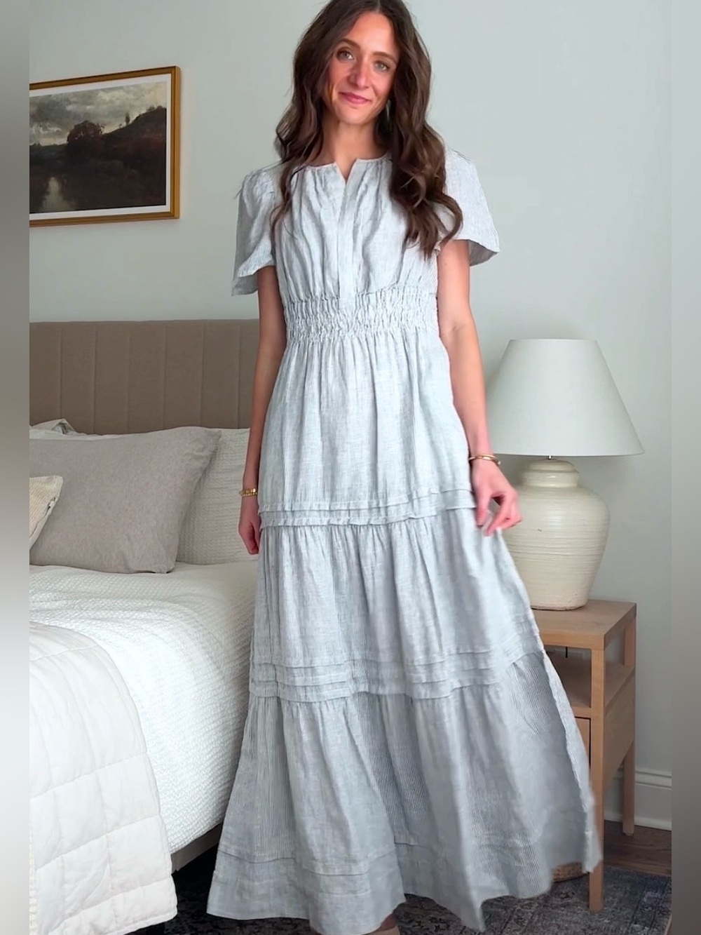 Quince 100% European Linen Tiered Maxi Dress Pockets Blue Pinstripe Smocked L